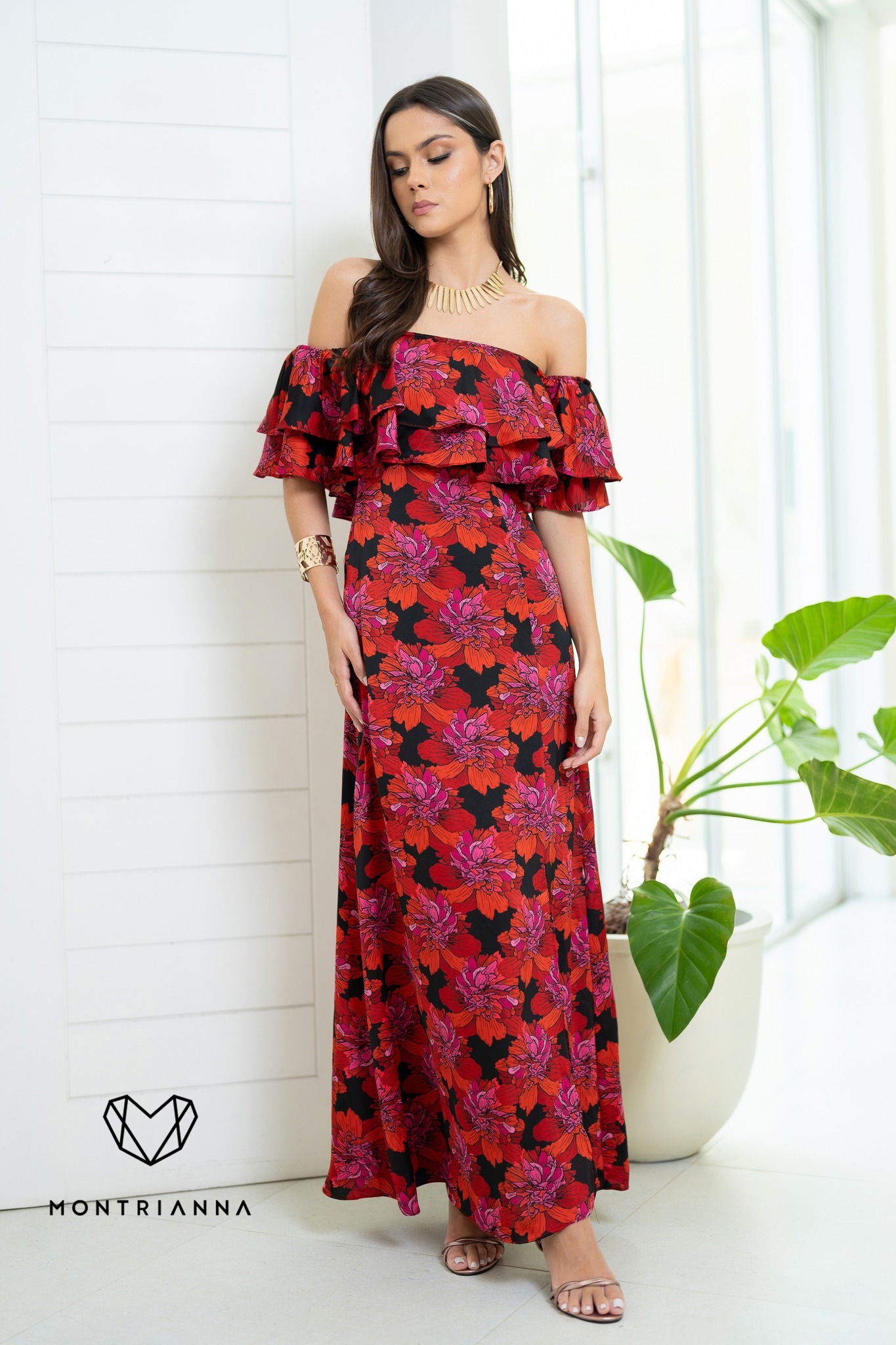 Buy floral printed double frill maxi dress red from montrianna Montrianna